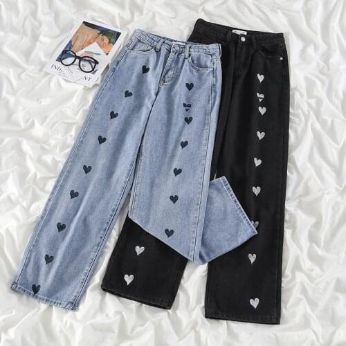 2021 New Womens Pants Spring Casual Harajuku Streetwear High Waist Wide Leg Trouser Fashion Vintage Love Embroidery Jeans