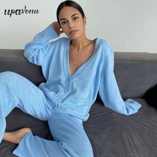 Free Shipping 2021 Casual Womens Cardigan Sweater 2 Piece Set Long Sleeve Single Breasted Loose Knit Jacket & Pants Sweater Set