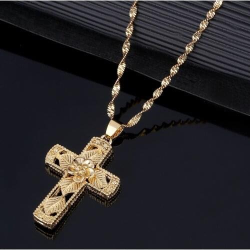 Gold Color Eternal Flower Leaf Cross Pendant Necklace Russia Orthodox Christianity Church Jewelry