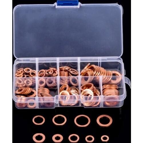 200pcs Copper M5-M14 For Hardware Accessories Washer Gasket Set Flat Ring Seal Assortment Kit with Box
