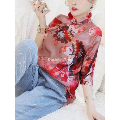 2021 chinese traditional clothing women chinese cheongsam tops elegant printed loose blouse female qipao shirt tangsuit blouse