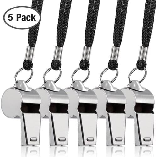 5 Packs Stainless Steel Whistle Loud Metal Whistle with Lanyard for Referees Coaches Lifeguards Football Basketball Hockey