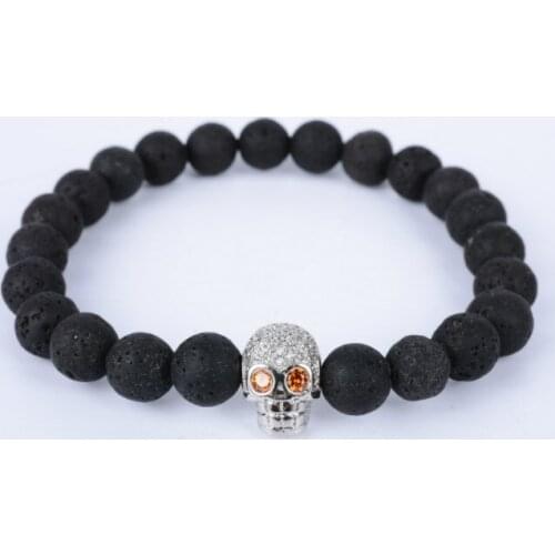 8mm g3 43 silver gold copper skull micro pave cz zircon cubic zirconia Bracelet black volcanic lava stone Buddha Yoga Bangles