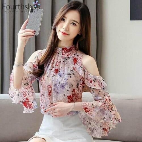 Ruffles Flare Sleeve Casual Chiffon Tops and Blouses for Women Floral Print Blouse Shirt Female Summer Autumn 2019 Plus Size
