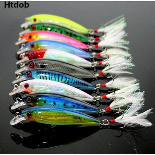 Htdob 10pcs Fishing Lure Minnow Wobblers Hard Bait Feather Hook Fishing Tackle 8G 9cm Isca Artificial Bait Crankbait Swimbait