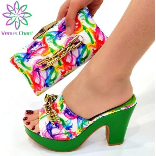 Mature Ladies African Shoes With Matching Bags Set Italian Womens Party Shoes and Bag Sets Green Color Women High Sandals