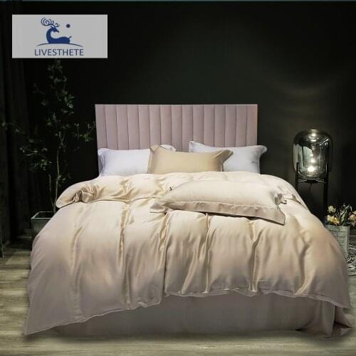 Liv-Esthete Champagne Gold 100% Silk Bedding Set Solid Color Duvet Cover Set Bed Sheet Pillowcases Quilt Cover Bed Linen Set