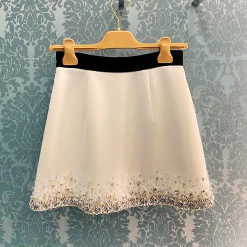 Summer Women White A-Line High Waist Short Skirt Bling Bling Diamond High-End Customization Flared Bow Elegant Mini Skirt Female
