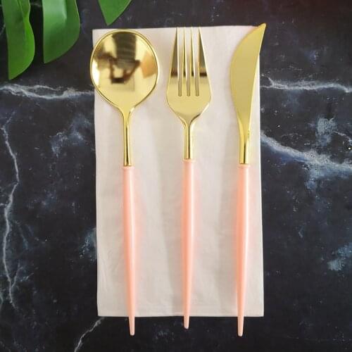 Wholesales Disposable 20Cm 7.87 Inch Plastic Knife Fork Spoon Napkin Sets Golden Cutlery Pastel Color