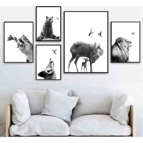 Black White Lion Raccoon Bear Deer Wolf Wall Art Canvas Painting Nordic Posters And Prints Wall Pictures For Living Room Decor