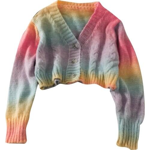 Autumn V-neck Sweet Rainbow Gradient Short Three Button Knit Cardigan Long Sleeve Slim Sweater