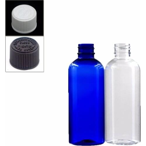 100ml empty Plastic Bottles, blue/clear pet bottle with black/white child resistant caps,safety lid X5