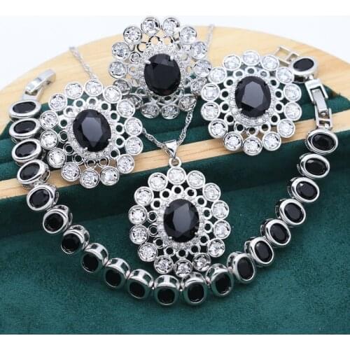 Luxurious Black Topaz Silver Jewelry Set for Women Birthday Bracelet Earrings Necklace Ring Wedding Christmas Free Gift Box