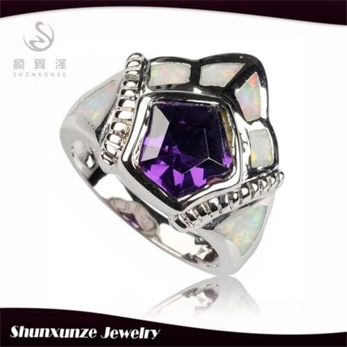 SHUNXUNZE luxury vintage wedding rings for men and women Purple Cubic Zirconia and white opal Rhodium Plated R363 size 6 7 8 9