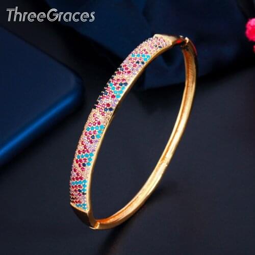 ThreeGraces Classic Round Shape Mirco Pave Rainbow Cubic Zirconia Open Cuff Bangle Bracelet for Women Prom Costume Jewelry BA046