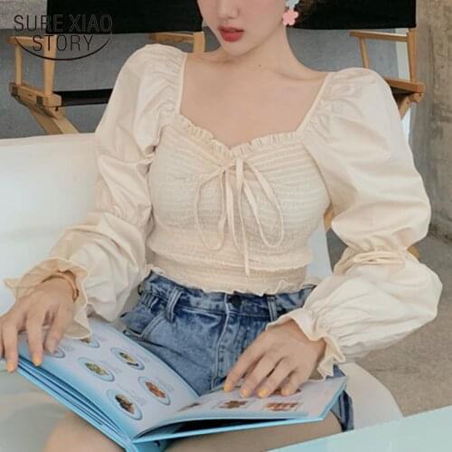 2021 Women Blouses Female Blusas Autumn New Sexy Shoulder Strapless Square Collar Shirts Solid Full Sleeve Slim Waist Tops 10161