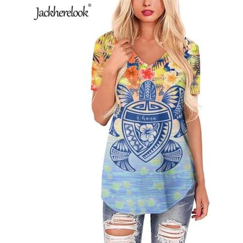 Jackherelook Blouse Shirt Women Sexy V Neck Loose Clothing Hawaiian Turtle Hibiscus Polynesian Tribal Print Harajuku Ladies Tops
