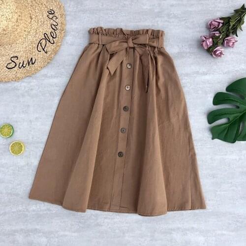 High Waist Cotton Women Skirt Spring Summer Casual A Line Skirt Pocket Lace up Medium Long Pleated Skirt With Belt