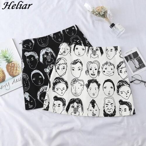 Heliar 2019 Summer Women Skirt England Style Female High Waist Figure Portrait Printed Skirt Ladys Casual Club Black/White Skirt