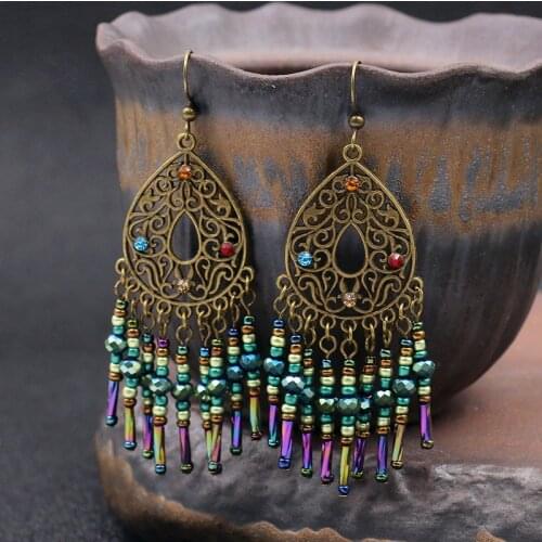 2021 New Boho Stone Beads Indian Earring Jewelry Womens Vintage Hollow Alloy Tassel Dangle Earrings Bijoux