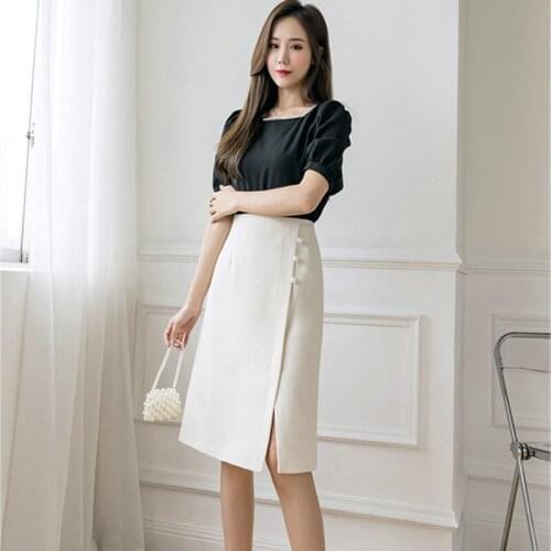 Womens Skirts 2021 Solid Summer Split Button Up Skirts High-waist Slimming Girls Office Lady Skirt Knee-length Skirt for Women