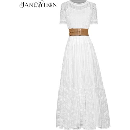 Janeyiren Fashion Designer Summer 2 Pieces white Skirts Set Womens Hollow out Short sleeve knitting Top+white Long Skirt Suit