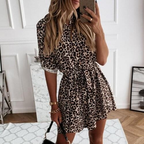 Leopard Print Roll Up Sleeve Women Waist Tie Lapel Dress for Dating or Shopping 2021 New Trend Streetwear Skin-friendly Summer