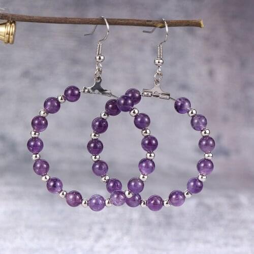 2020 New Fashion Women Natural Stone Beads Earring Hoops 4cm Big Circle Earring Purple Pink Crystal Korean Hook Earring Jewelry