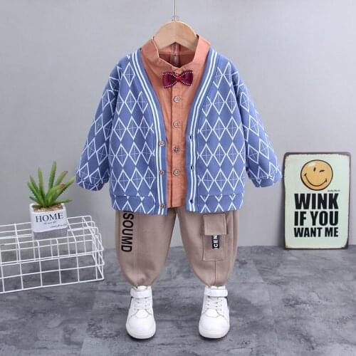 Children Fashion Clothes Spring Autumn Baby Boy Clothing Infant V-neck Stripe Jacket T-Shirt Pants 3pcs/sets Toddler Casual Suit