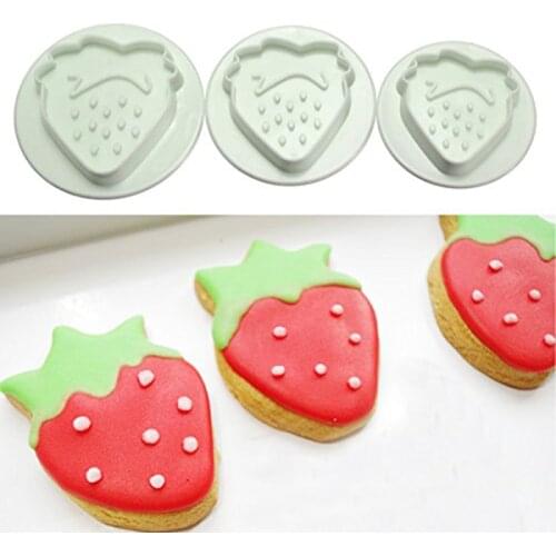 3pcs/set Strawberry Cake Mold Cookie Plunger Cutter Sugar Craft Mould Plastic Fondant Flowers Decration Accessories