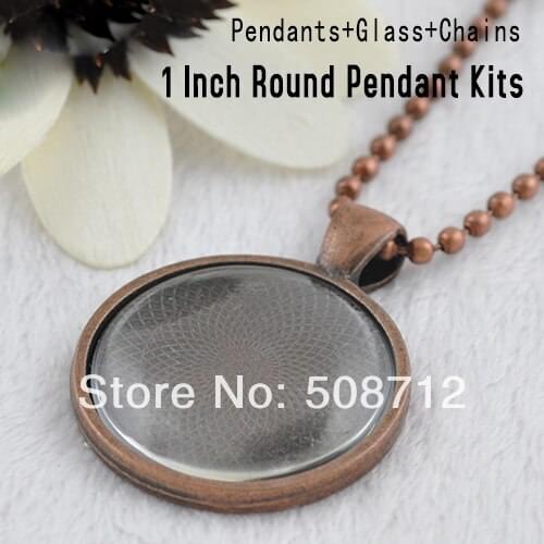30sets 25mm antique copper Pendant Trays with Glass Cabochons and Link or Ball Chains Choice of Colors