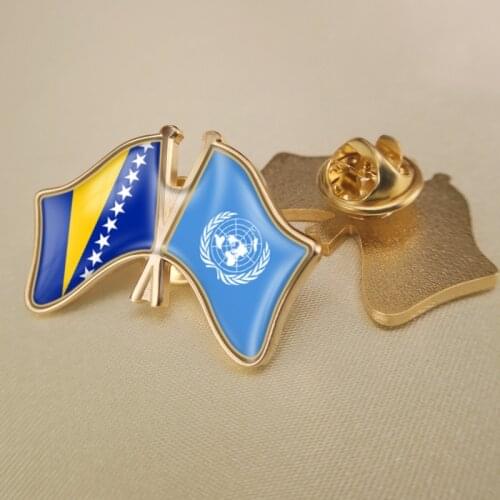 United Nations and Bosnia and Herzegovina Crossed Double Friendship Flags Lapel Pins
