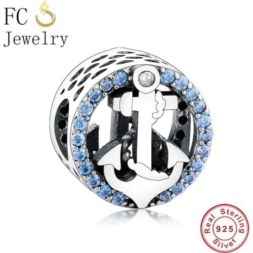 FC Jewelry Fit Original Charm Bracelet 925 Sterling Silver Round Sea Sail Rope Blue Zirconia Bead For Making Women Berloque 2020