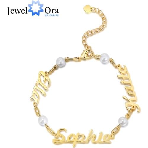 JewelOra Designer Customized 3 Names Adjustable Chain Bracelet with Pearl Personalized Nameplate Bracelets for Family Gifts