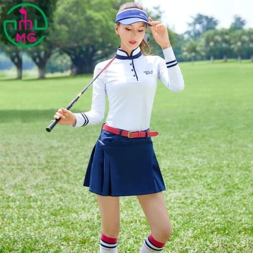 MG Brands Apparel Sports Golf Women Wear Spring Long Sleeve White T Shirt Lady Slim Leisure Navy Blue Short Pleated Skirt Autumn