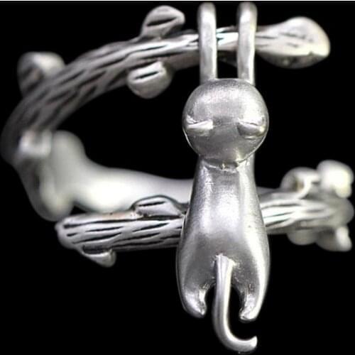 Cute Creative Open Little Cat Climbing Tree Rings for Women Accessories Statement Jewelry Girl Gift Vintage Women Rings