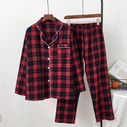 New Pajamas For Women Cotton Red Plaid Print Pajamas Set Long Sleeve Sleepwear Turn-down Collar Home Clothes Casual Pyjamas Suit