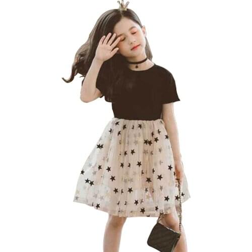 Girls Dress Patchwork Mesh Dress For Girls Star Princess Dress Kids Spring Summer Cute Teenage Clothes For Girls 3T-14T