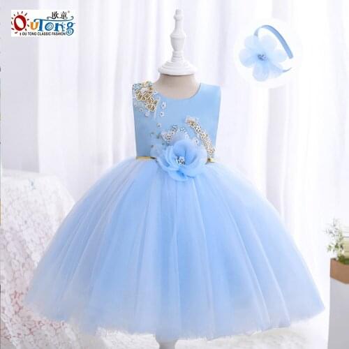 Outong Flower Girls Dress Shiny Appliques Summer For Birthday Party Evening Princess Kids Clothes Girl With Headband Vestidos