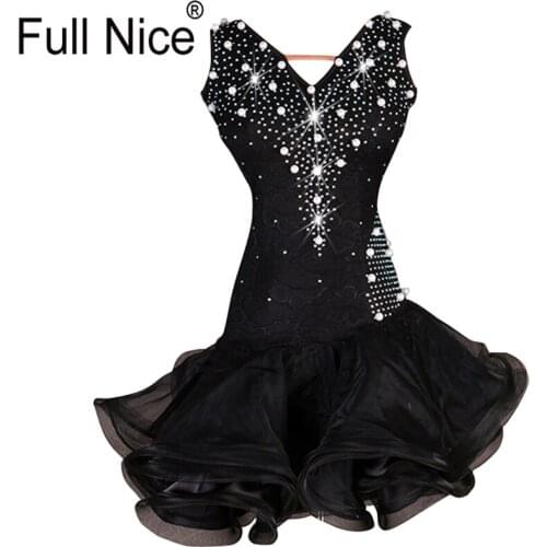 Latin Dance Dress Fluffy Hem pearl One-piece Group Dressing Uniform Gitba Lesson Wear Rumba samba waltz Pasodopre Tango Practice