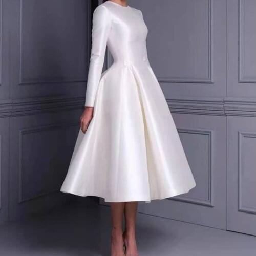 Vintage Short Tea Length O-Neck Taffeta Wedding Dresses with Pockets A-Line White Zipper Back Bridal Gowns for Women Real Photos