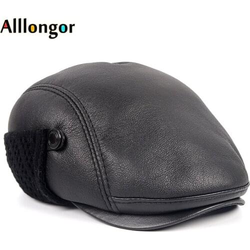 High Quality 2020 Casual Winter Warm Leather Flat Cap Men boina hombre Black Earflap Outdoor Beret Hats Dad