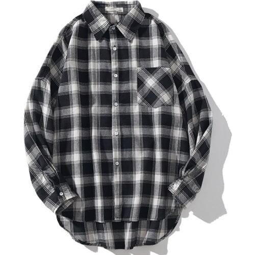 Mens Shirts original Plaid Men Clothing Harajuku Style Men Shirt Long Sleeve Hip hop Shirt Short front and long back 4 colors