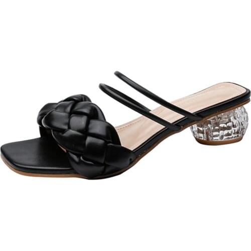 White And Black Sandals For Women 2021 Summer New Middle Heel Weave Crystal Heel French Gentle Wind Size 31-43 Sandals Women