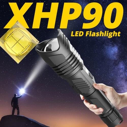 XHP90 Super Bright LED Flashlight XHP70 Waterproof Torch XHP50 With Outdoor Safety Hammer By 26650 Battery Stepless Dimming
