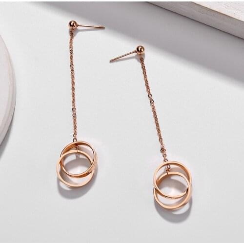 Trendy Double Loops Cross Stainless Steel Drop Earrings For Women No Fade Rose Gold Party Ear Line Jewelry Female Daily Earring