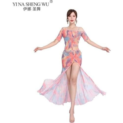 Belly Dance Suit New Female Sexy Short Sleeve Top Practice Clothing New Net Yarn Split Long Skirt Stage Performance Clothes Suit