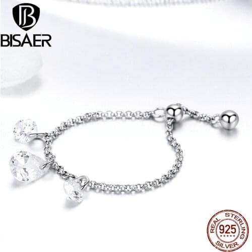 BISAER Simple Ring 925 Sterling Silver Cubic Zircon Finger Ring Crystal Chain Rings for Women Wedding Engagement Jewelry ECR485