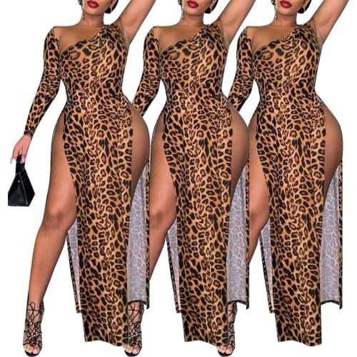 Leopard Print WomenLong Maxi Dress Irregular One Shoulder High Split Sexy Floor Length Dress Nightclub Party Bodycon XXL
