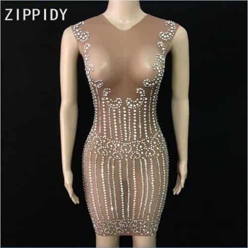 Bling Rhinestones Sleeveless Mesh Dress See Through Silver Stones Dress Nightclub Singer Show Wear Womens Birthday Party Dress